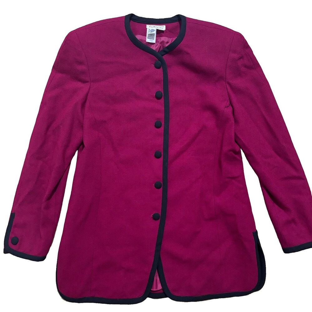 Talbots Wool Blazer Sz 12 Red Crepe Black Piping Old Money Vintage 90s USA